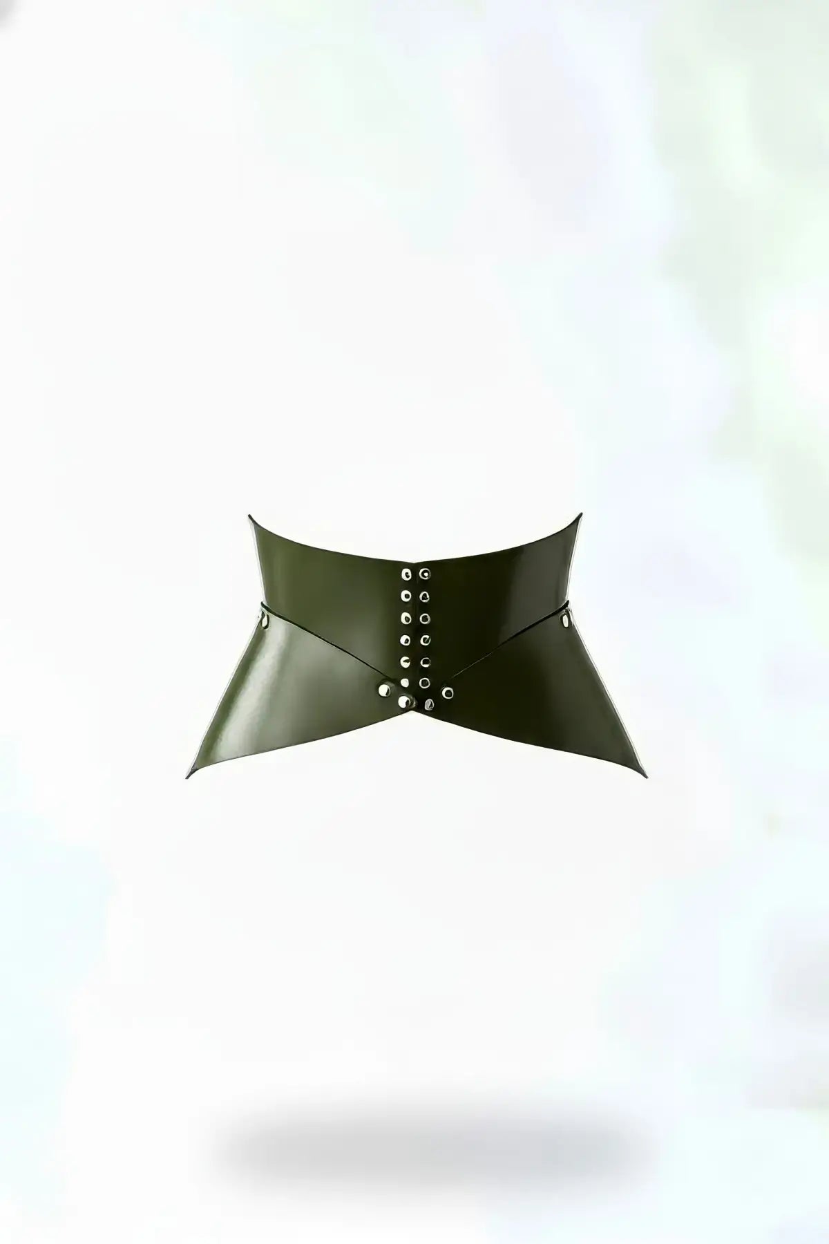 Corset waist belt with wide panels in black vegan leather, featuring silver studs and front grommet detailing
