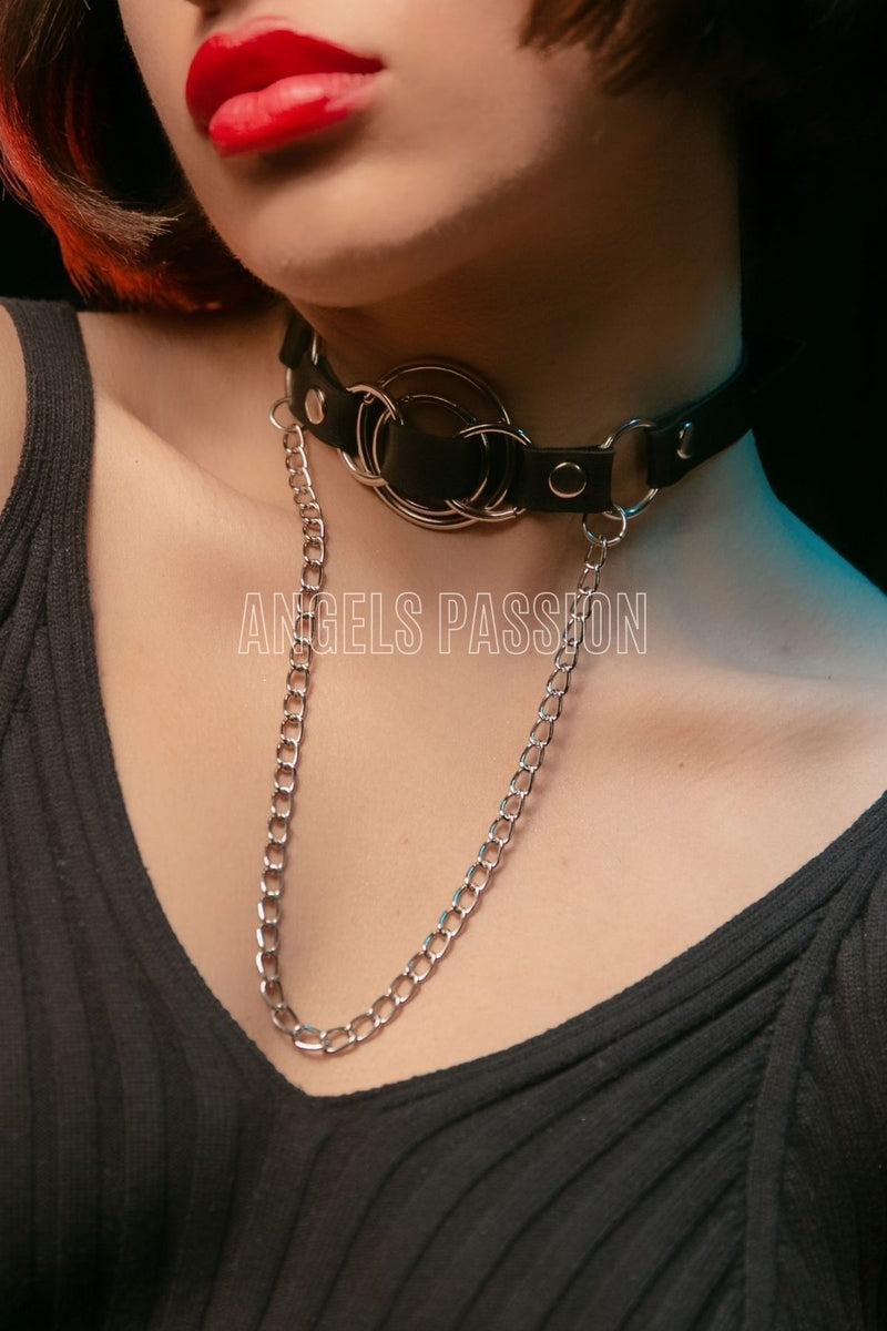 Leather Choker, Leather Leash, Leather Necklace with Chain, Leather Necklace with Ring