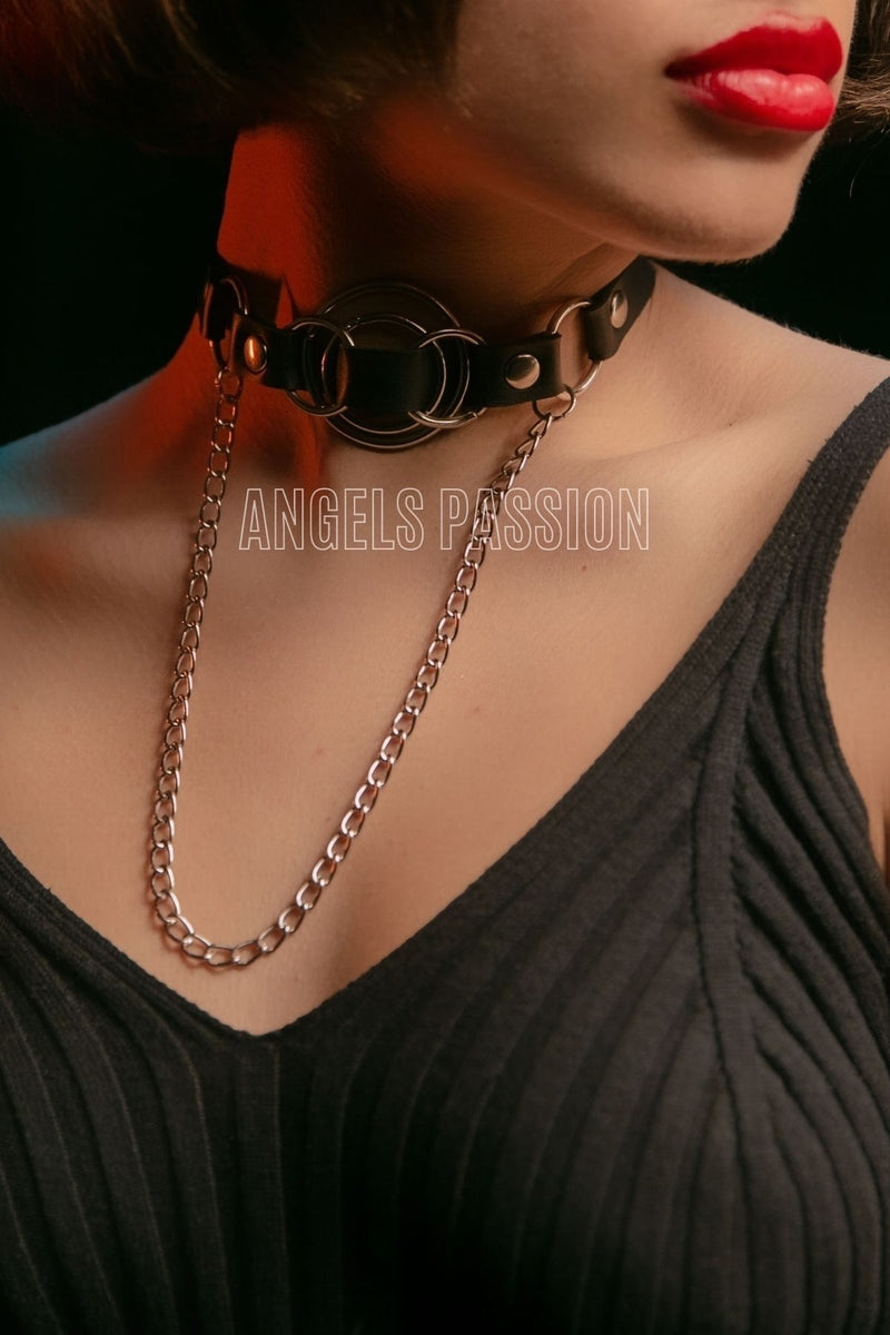Leather Choker, Leather Leash, Leather Necklace with Chain, Leather Necklace with Ring
