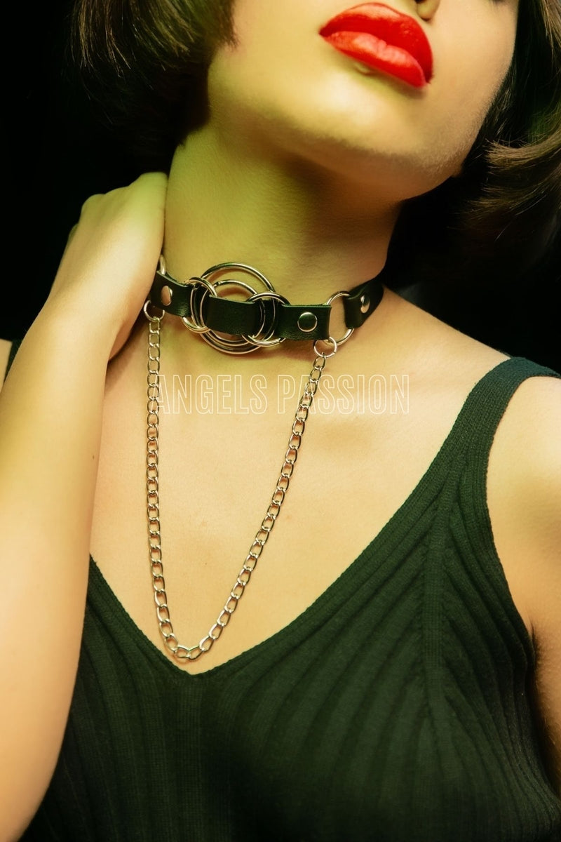 Leather Choker, Leather Leash, Leather Necklace with Chain, Leather Necklace with Ring