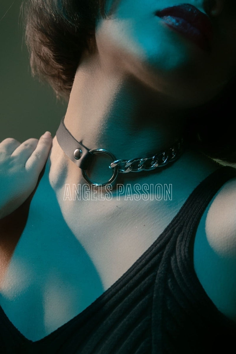 Leather Choker with Chain, Sexy Choker with Chain Detail