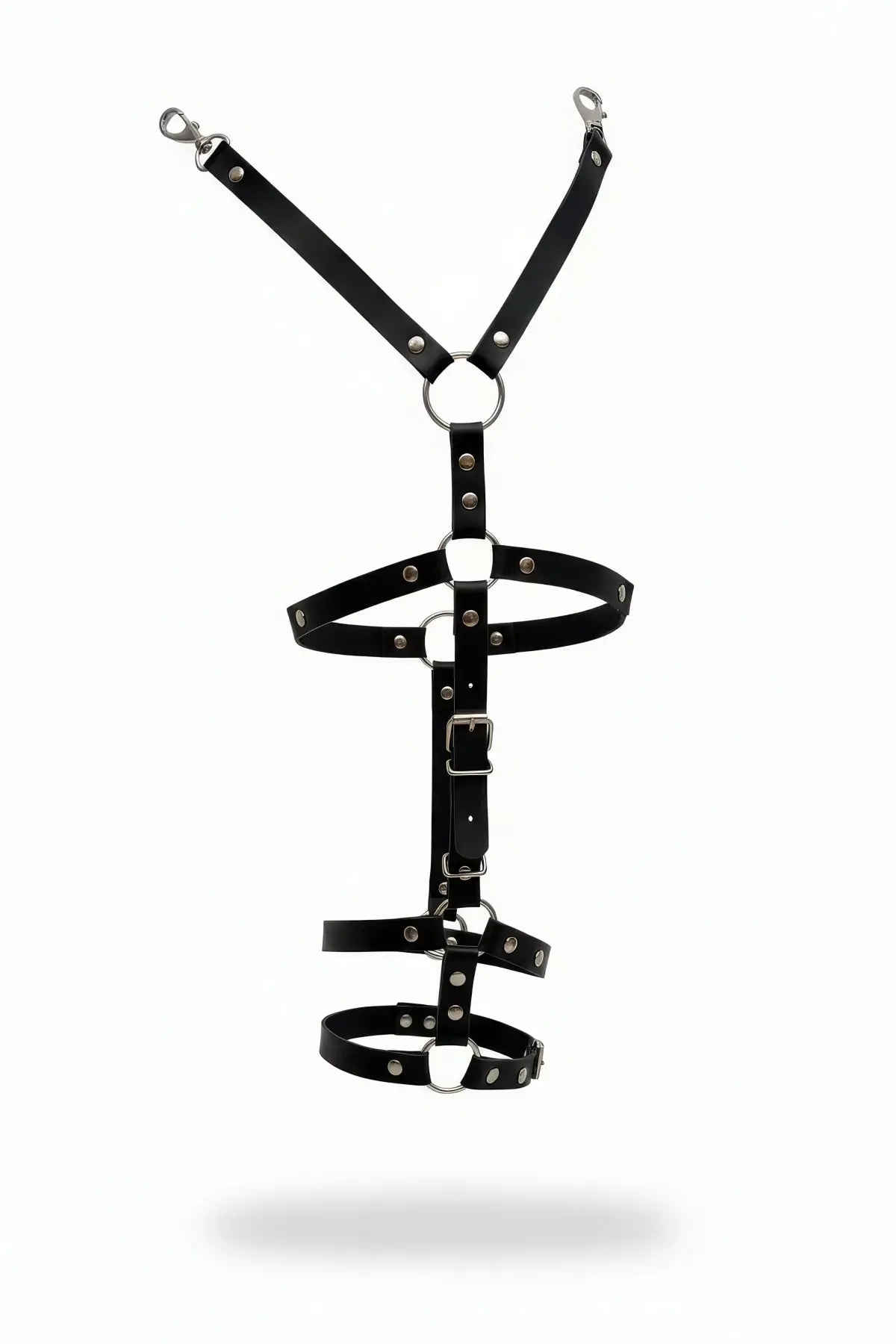 Multi-Band Leg Harness by HarnessClub, black leather thigh straps with silver O-ring hardware