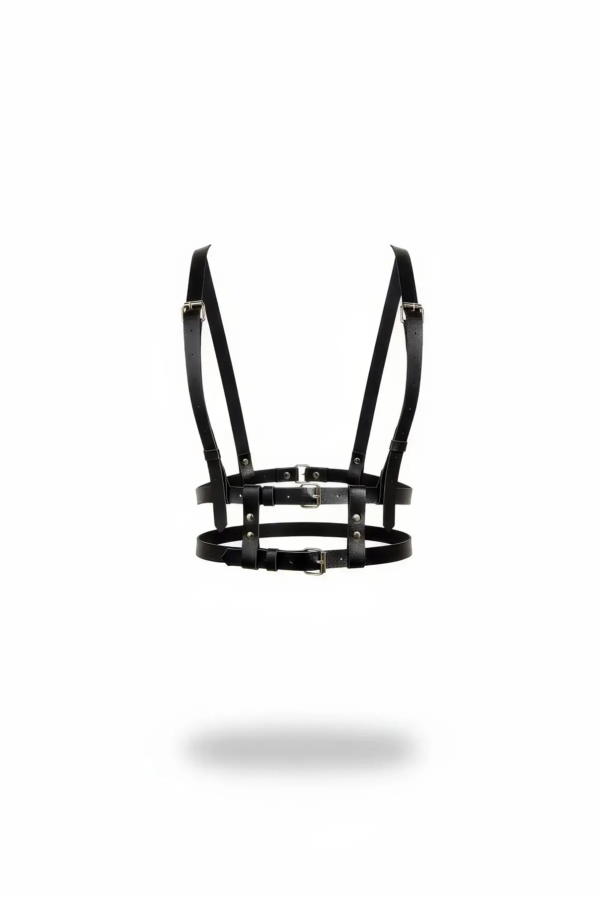 Multi-Buckle Cage Chest Harness by HarnessClub, black faux leather with horizontal bands