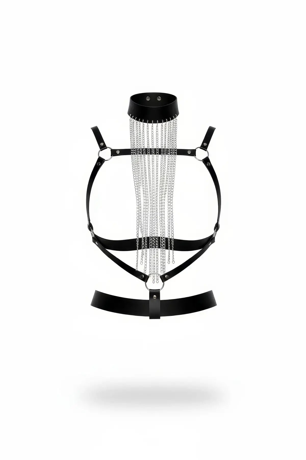 HarnessClub Multi-Chain Fringe Chest Harness, black faux-leather high-collar body piece with silver chain fringe.