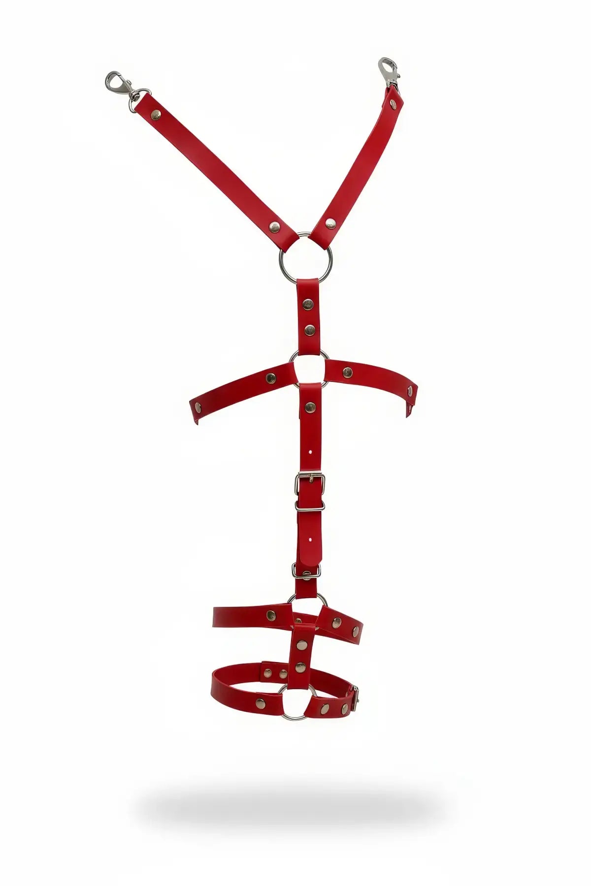 HarnessClub red multi-ring thigh harness with adjustable faux leather straps