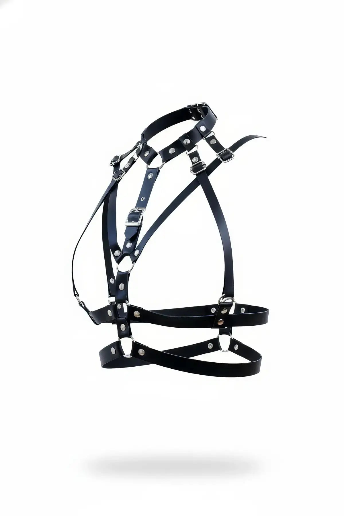 HarnessClub black leather multi-strap body harness with metal rings and buckles