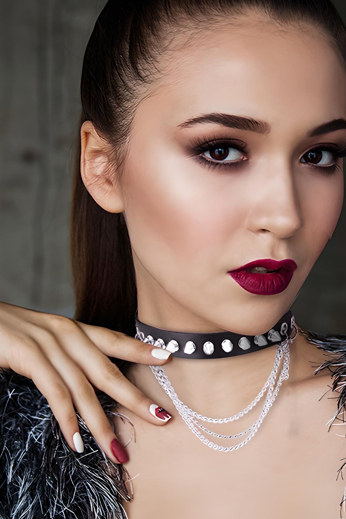 Nail Detailed Leather Choker, Studded And Chain Leash