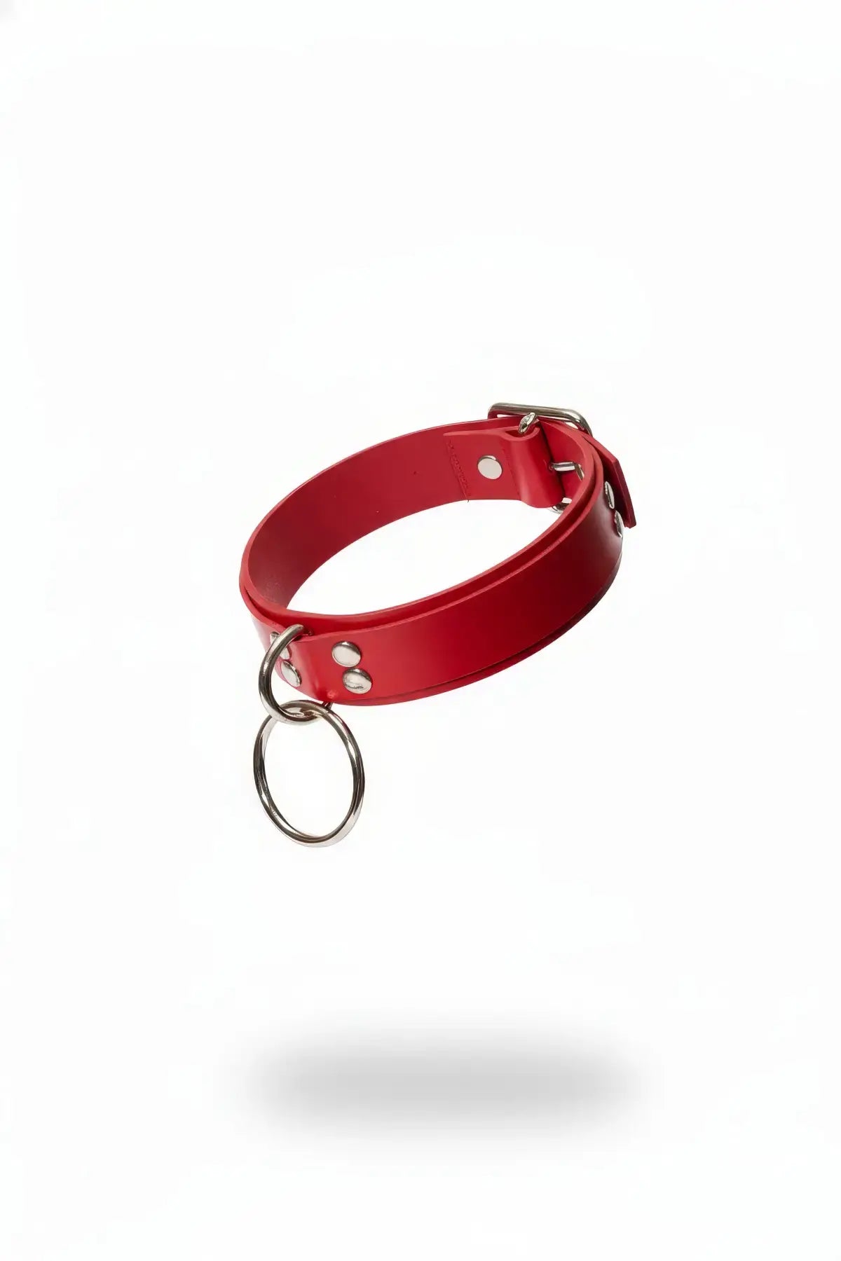 Kırmızı deri choker gerdanlık, büyük metal halka detaylı, HarnessClub
