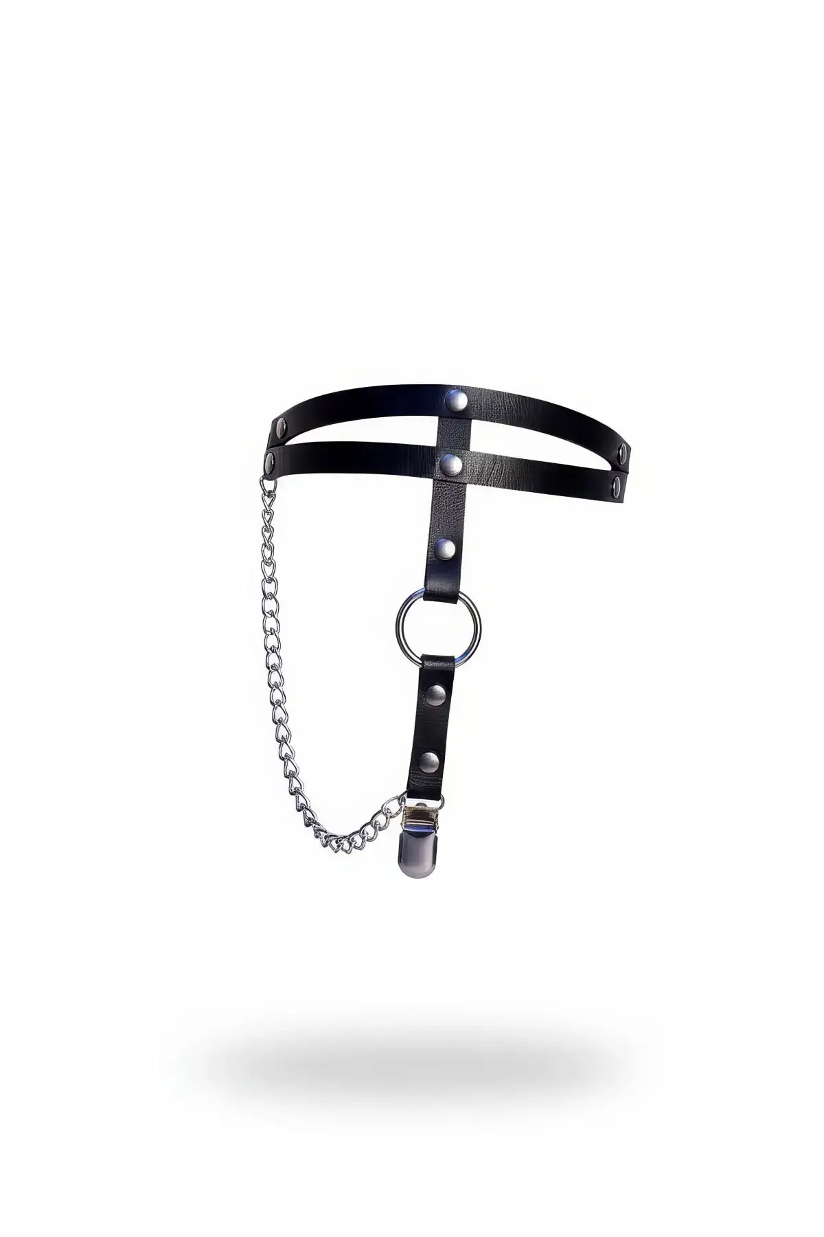 O-Ring Garter Thigh Harness by HarnessClub, black faux leather with double straps and chain