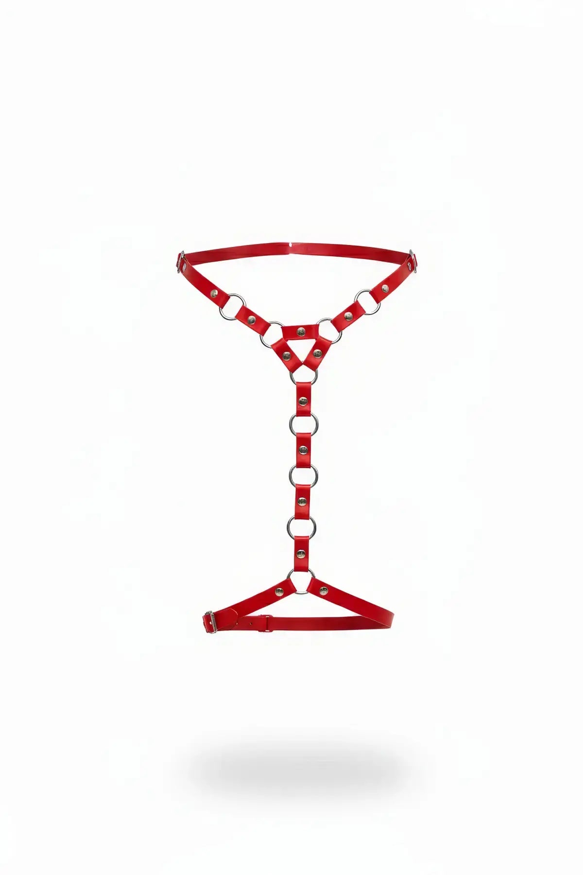 Kırmızı suni deri jartiyer harness, metal halkalı tasarım, HarnessClub