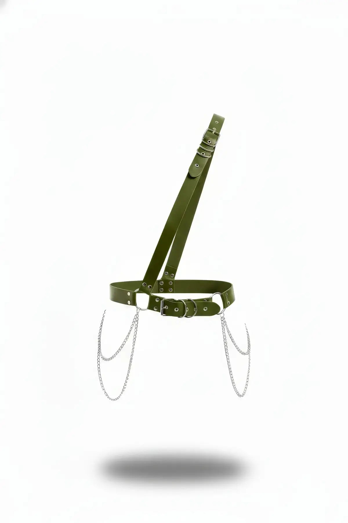 Olive chain-draped buckle waist harness in vegan leather with silver chains, HarnessClub