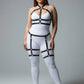 Plus Size Black Adjustable Garter Harness Set by HarnessClub in faux leather worn over a white bodysuit.