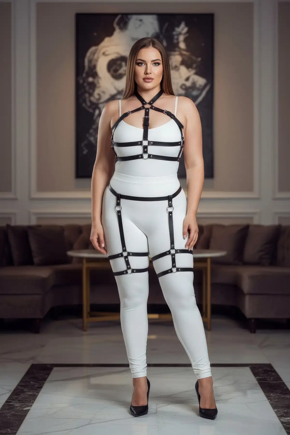 Plus Size Black Adjustable Garter Harness Set by HarnessClub, faux leather body accessory