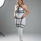 Plus size black adjustable garter harness set by HarnessClub, faux leather body accessory worn over a white bodysuit.
