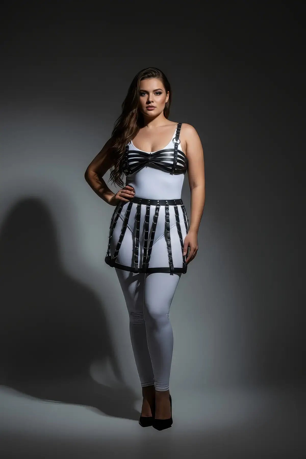 Plus-size black vegan-leather belted caged bralette & skirt harness by HarnessClub