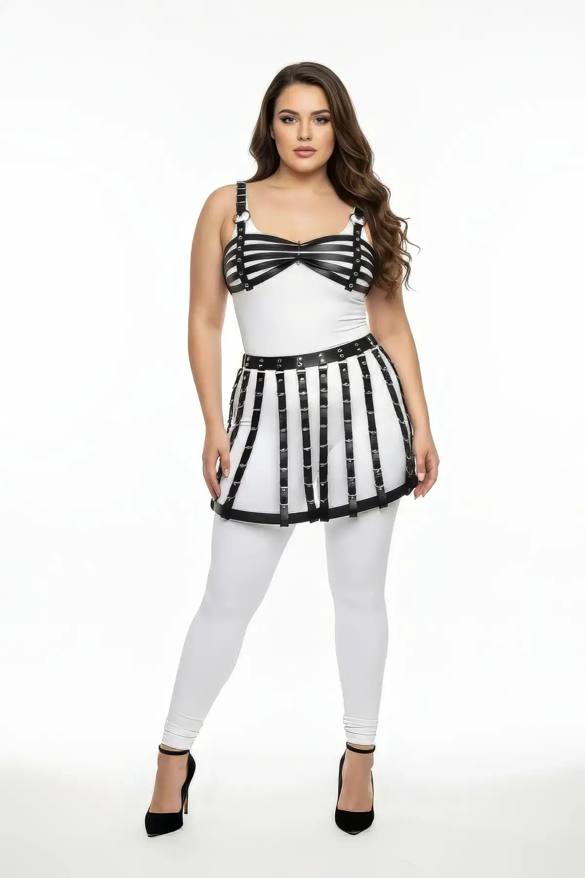 Plus-size black belted caged bralette & skirt harness set, white base with vegan leather straps by HarnessClub