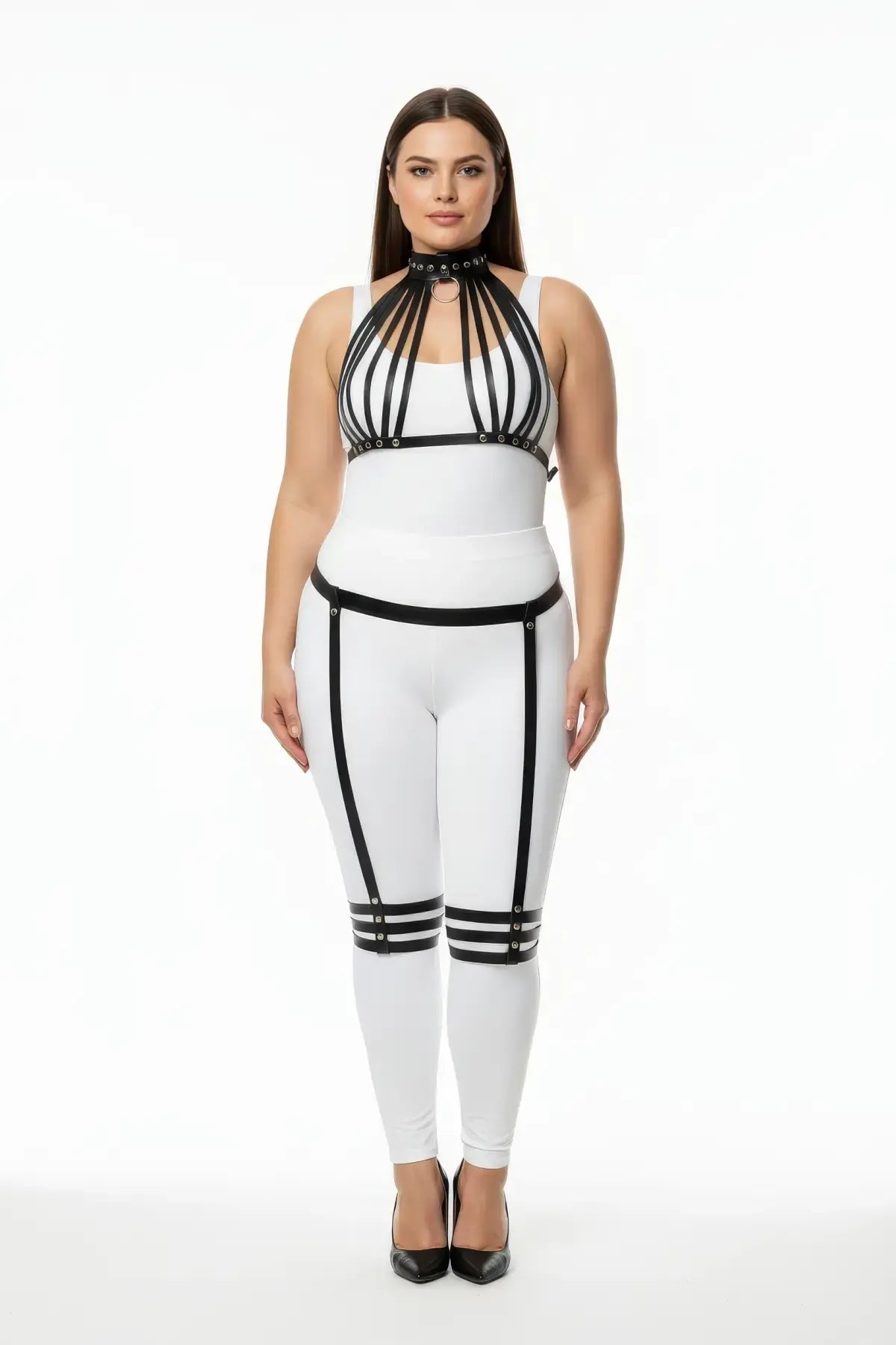 HarnessClub plus-size black birdcage chest collar and garter thigh harness three-piece vegan leather body accessory