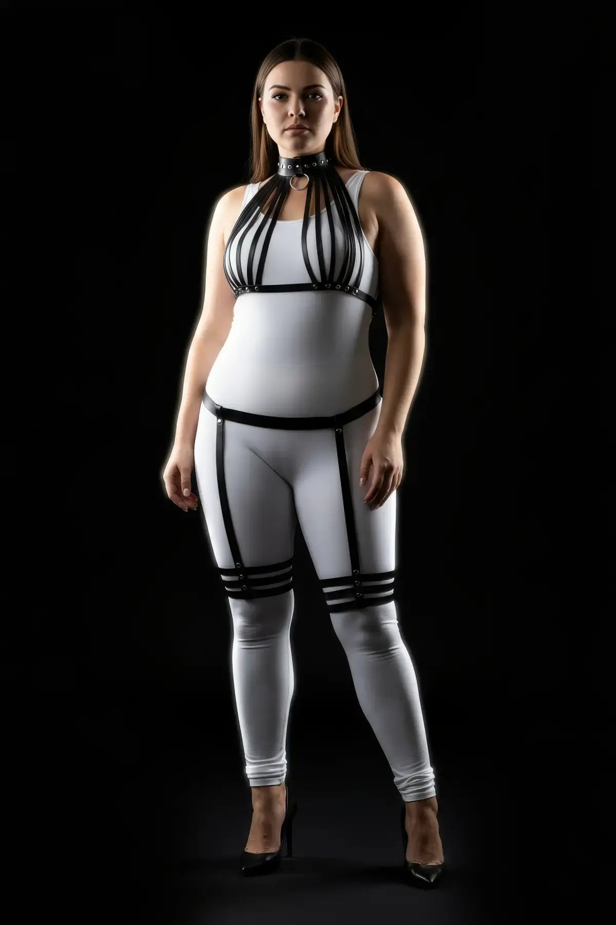 Plus-size black birdcage chest collar and garter thigh harness set by HarnessClub; vegan leather three-piece body accessory.