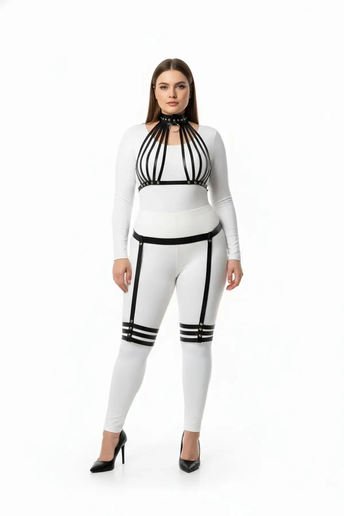 Plus-size black vegan leather birdcage chest collar and thigh garter harness set (three-piece) by HarnessClub