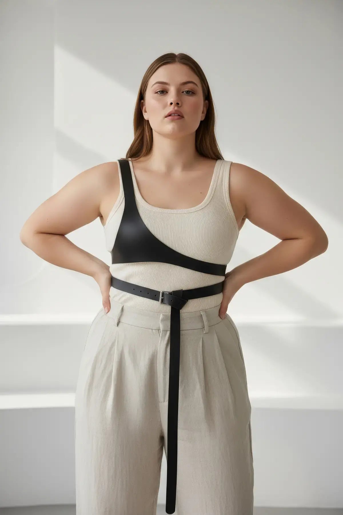 Plus size black body harness by HarnessClub; minimalist vegan leather, architectural design, adjustable.