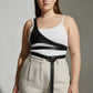 Plus Size Black Body Harness with minimalist vegan leather straps; adjustable, architectural.