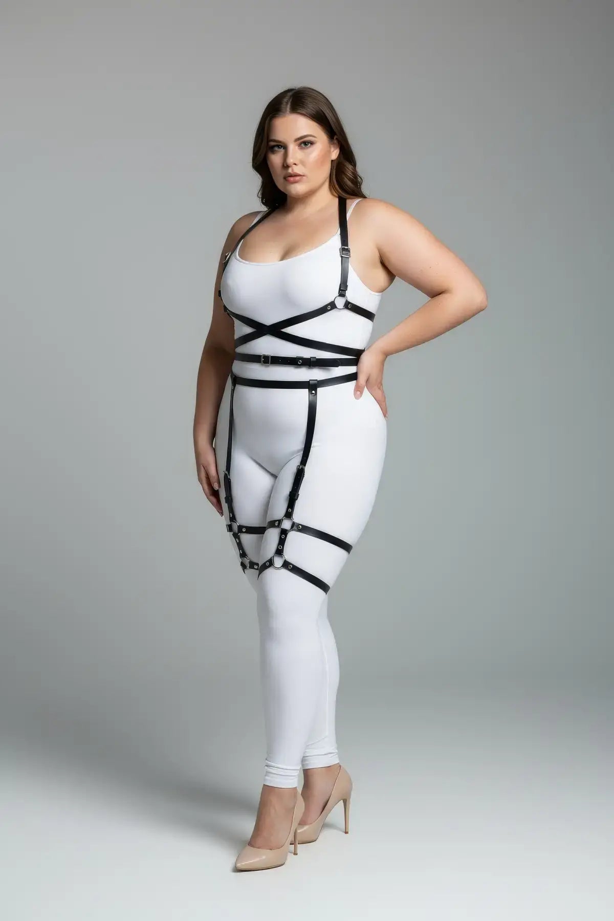 Plus-size black body-wrap faux leather garter harness, full silhouette set