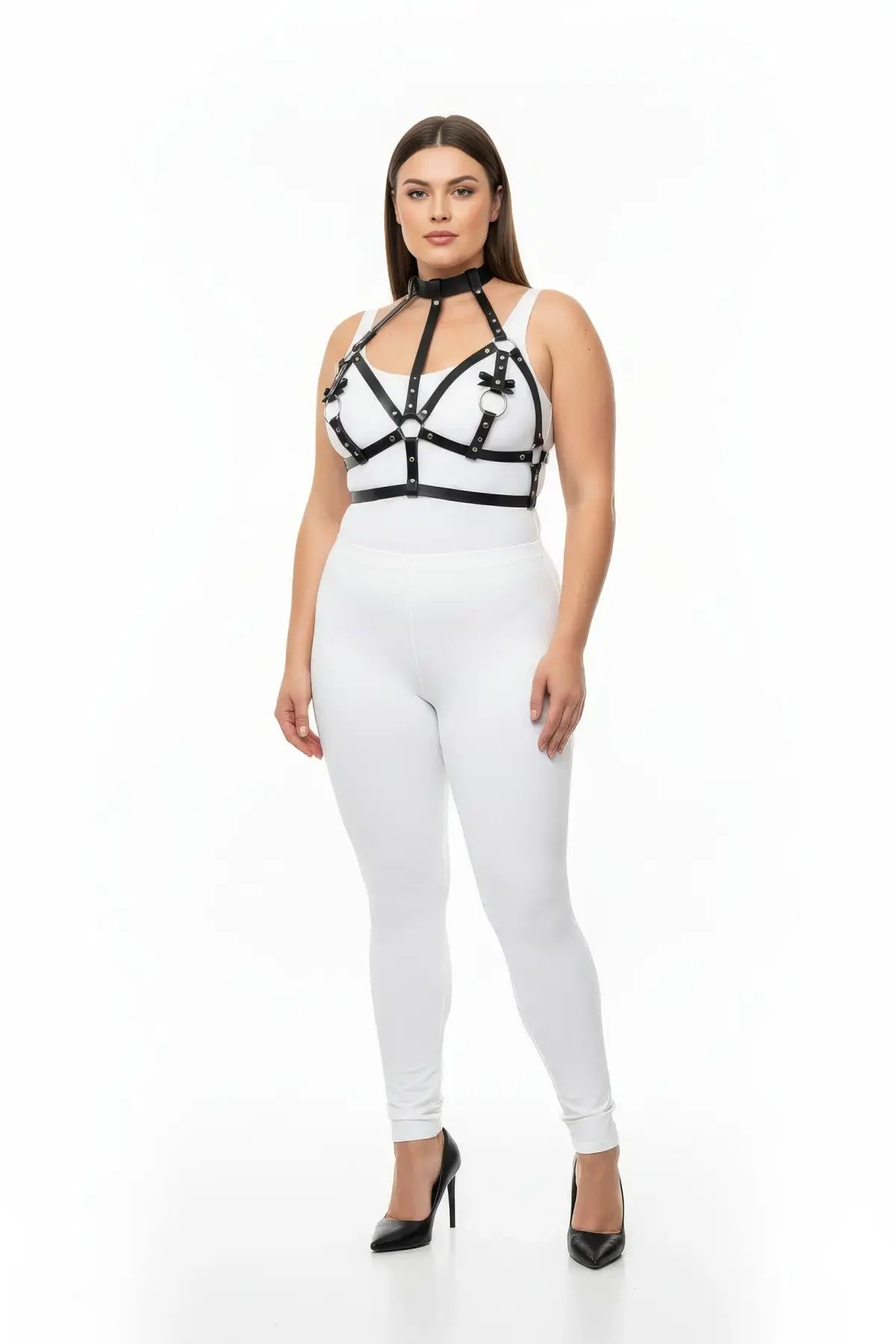 Plus-size black vegan-leather bow-accent chest bralette harness with collar by HarnessClub