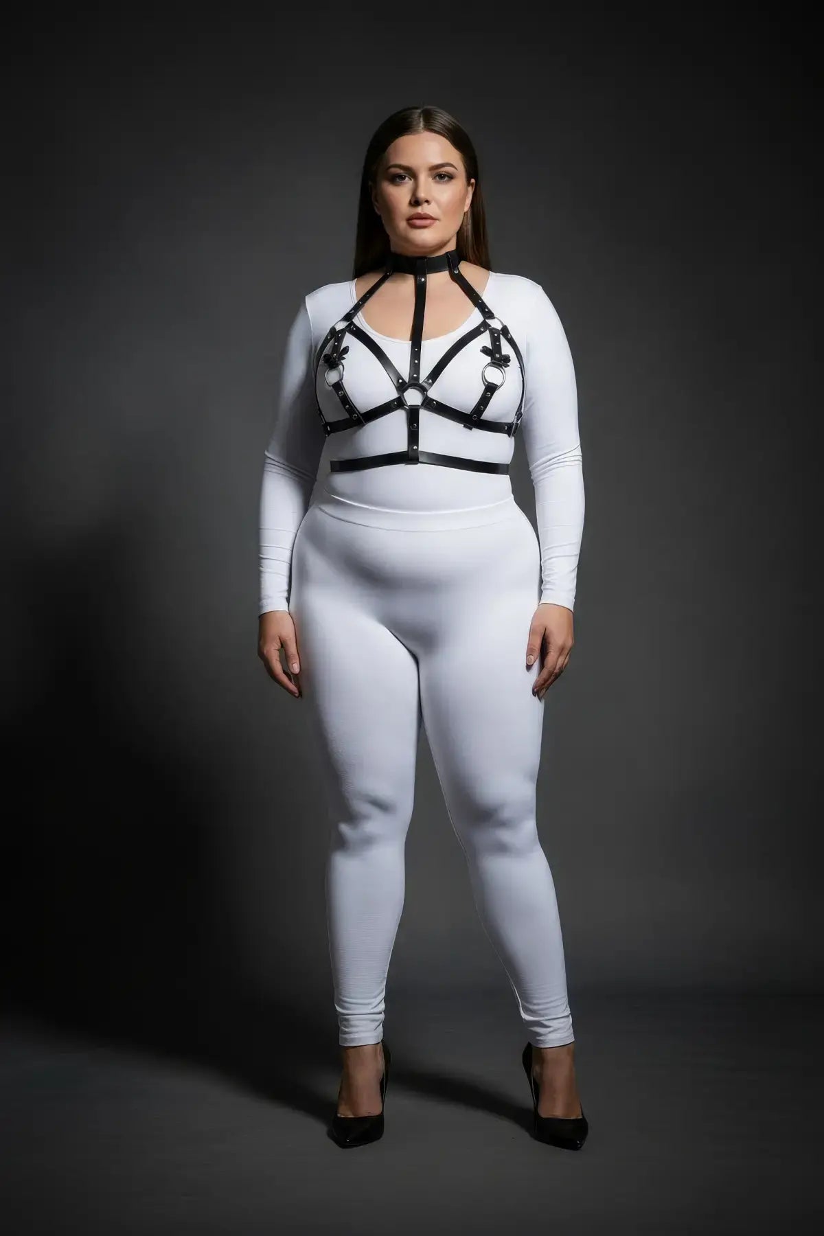 Plus-Size Black Bow-Accent Chest Bralette Harness & Collar by HarnessClub, vegan leather on white bodysuit
