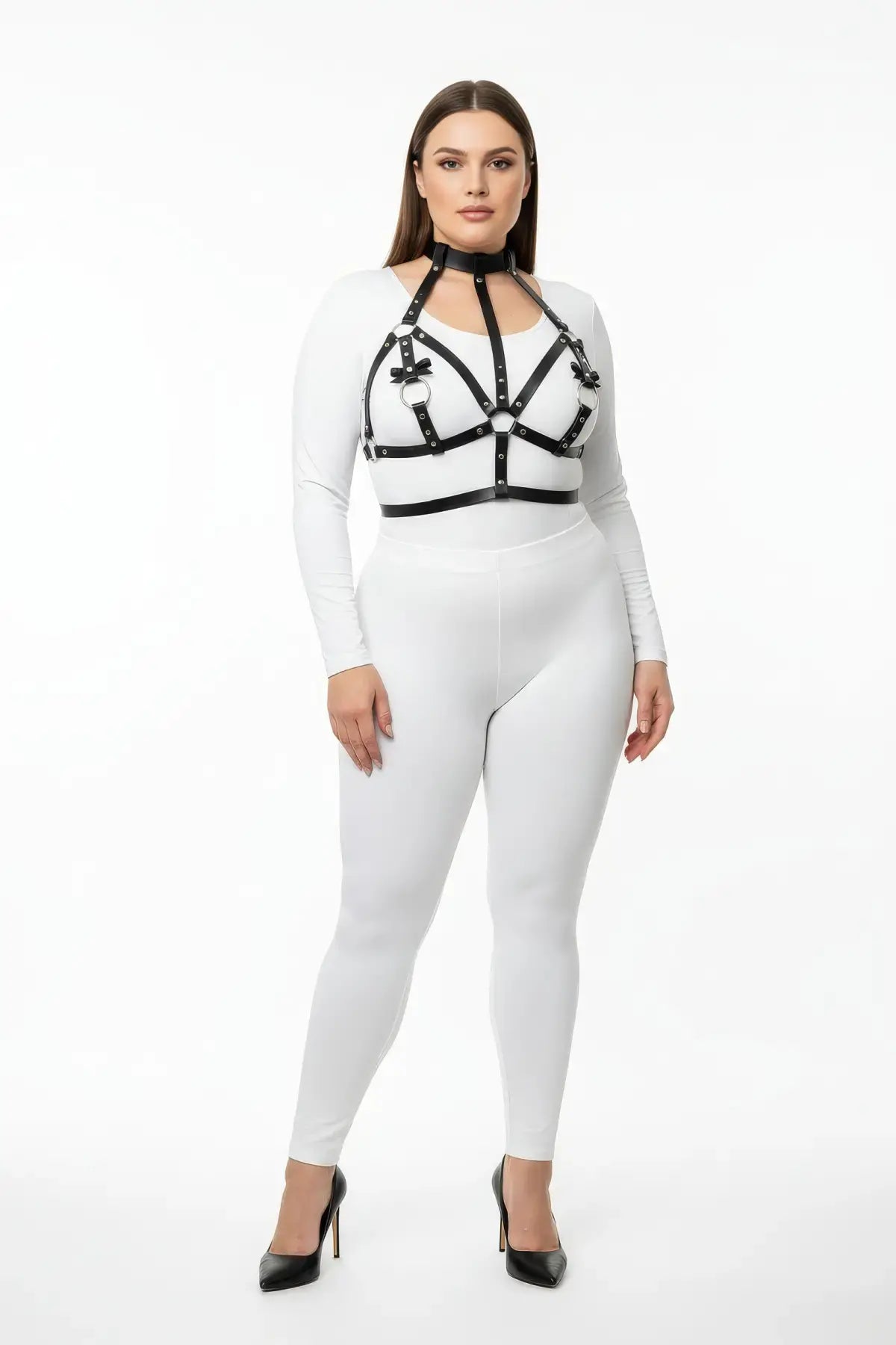 Plus-size black bow-accent chest bralette harness & collar by HarnessClub, vegan leather.