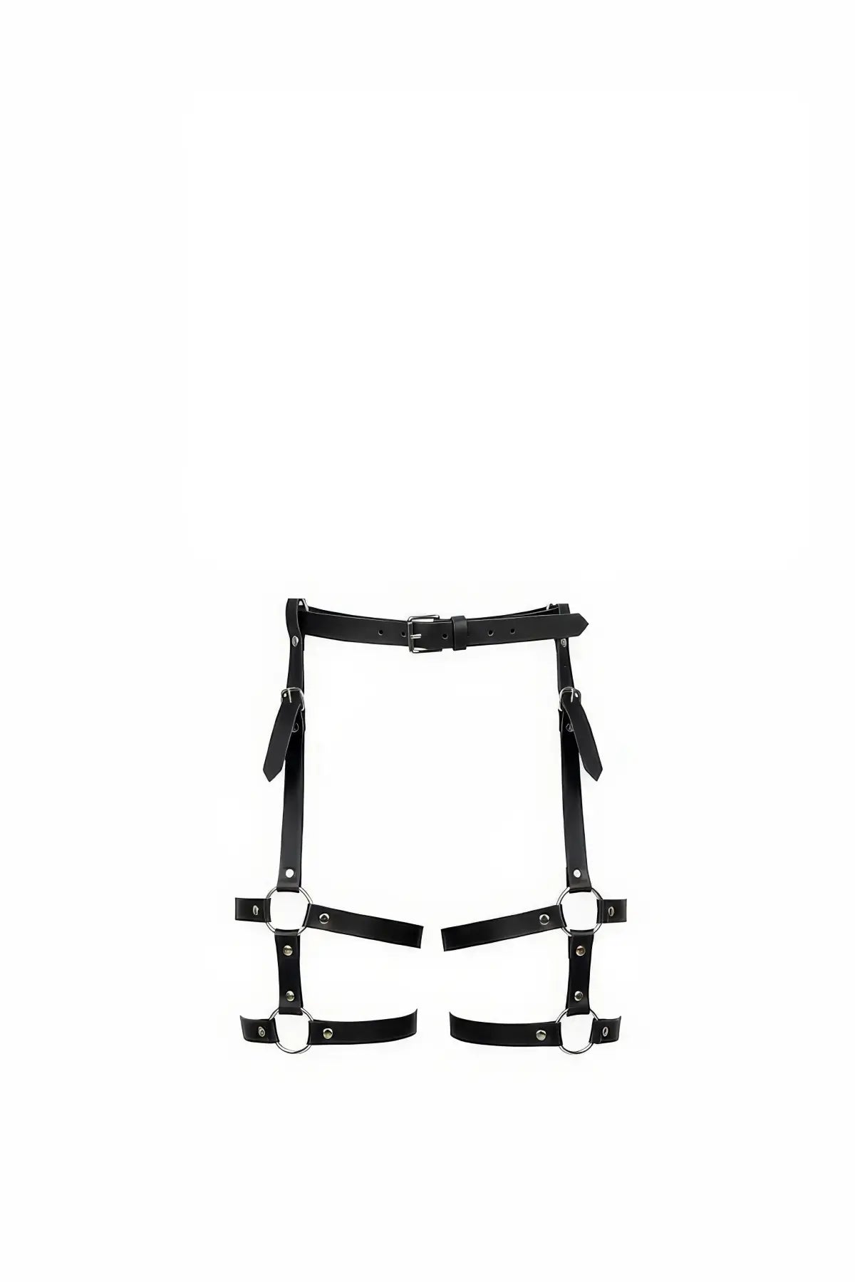 Plus-size black vegan leather waist belt with O-ring thigh garter harness by HarnessClub