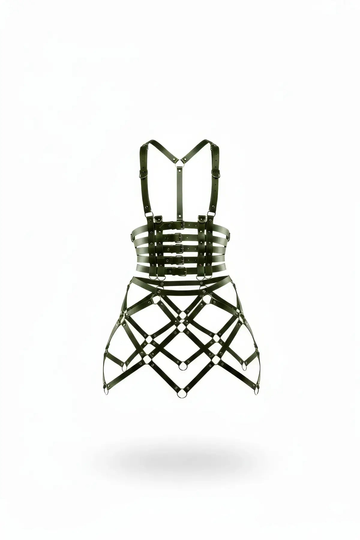 Plus-size black buckled corset with diamond cage mini skirt set, vegan leather body harness by HarnessClub