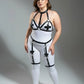 Plus Size Black Bustier-Panel Faux Leather Garter Harness on white bodysuit by HarnessClub