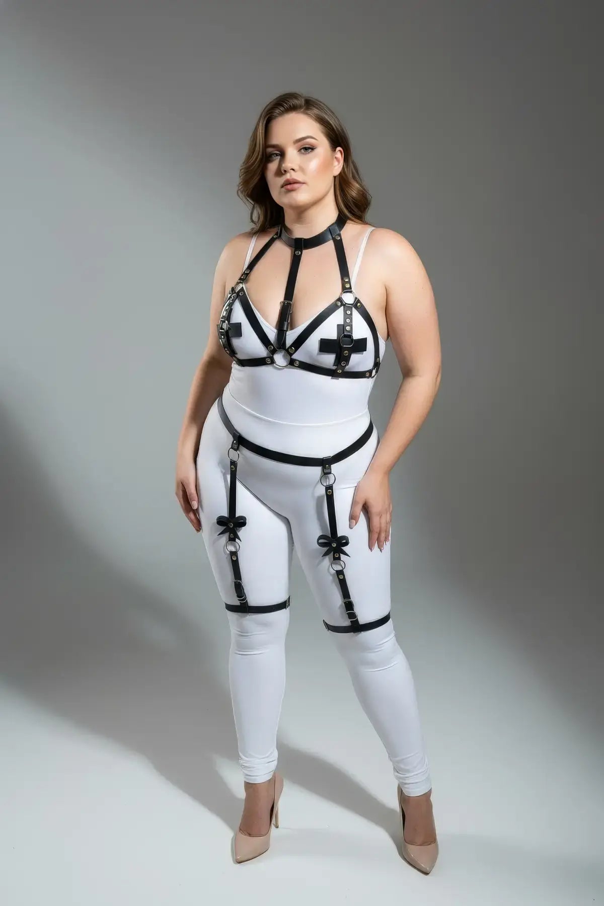 Plus Size Black Bustier-Panel Faux Leather Garter Harness on white bodysuit by HarnessClub