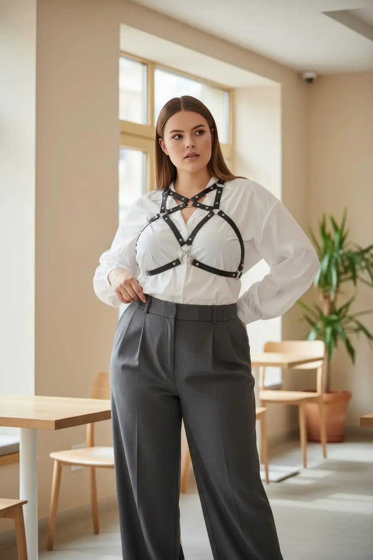 Plus Size Black Cage Chest Harness worn over a white shirt; vegan leather body accessory by HarnessClub