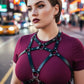 Plus-Size black vegan leather cage chest harness by HarnessClub worn over burgundy top