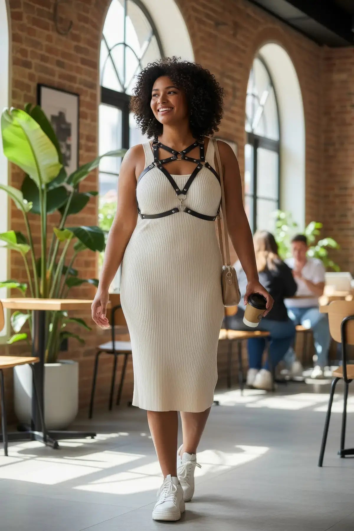 Plus-size black cage chest harness over beige ribbed dress, HarnessClub vegan leather accessory.