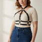 Plus-size black vegan leather cage chest harness with turtleneck strap by HarnessClub