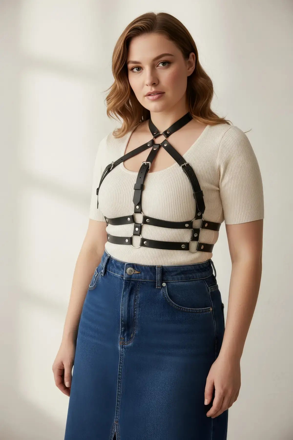 Plus-size black vegan leather cage chest harness with turtleneck strap by HarnessClub