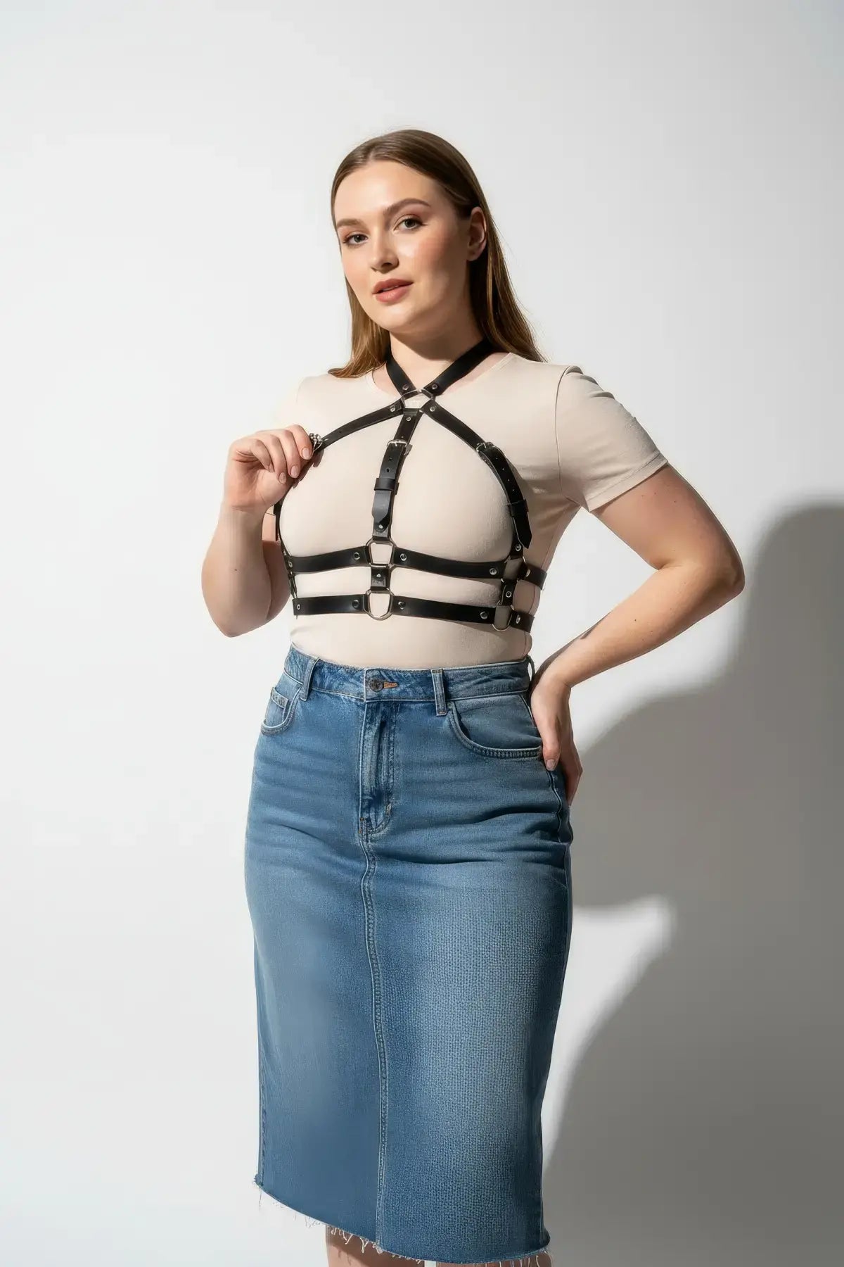 Plus-size black cage chest harness with a turtleneck strap in vegan leather
