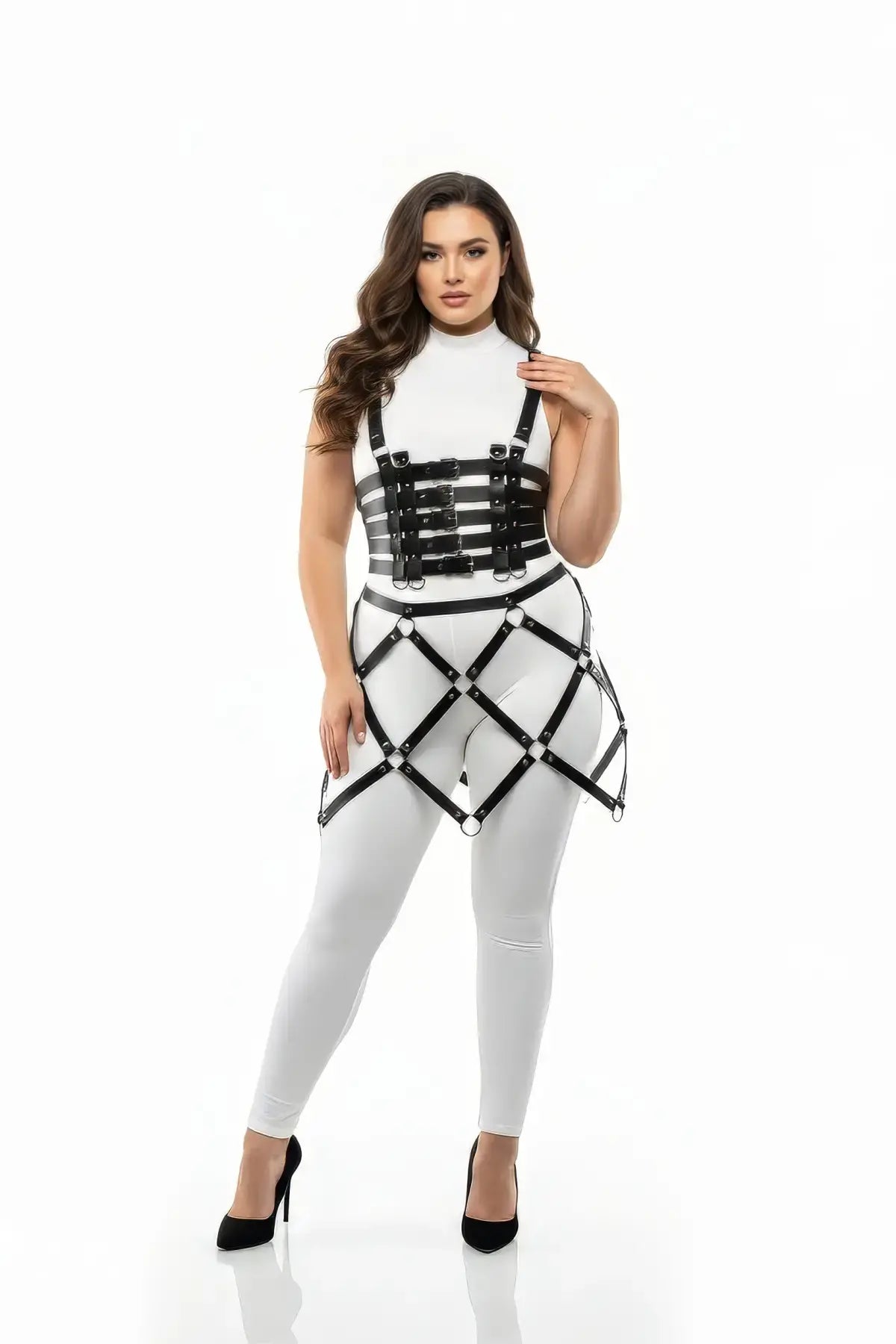 Plus size black caged ring-detail skirt harness by HarnessClub, vegan leather body accessory