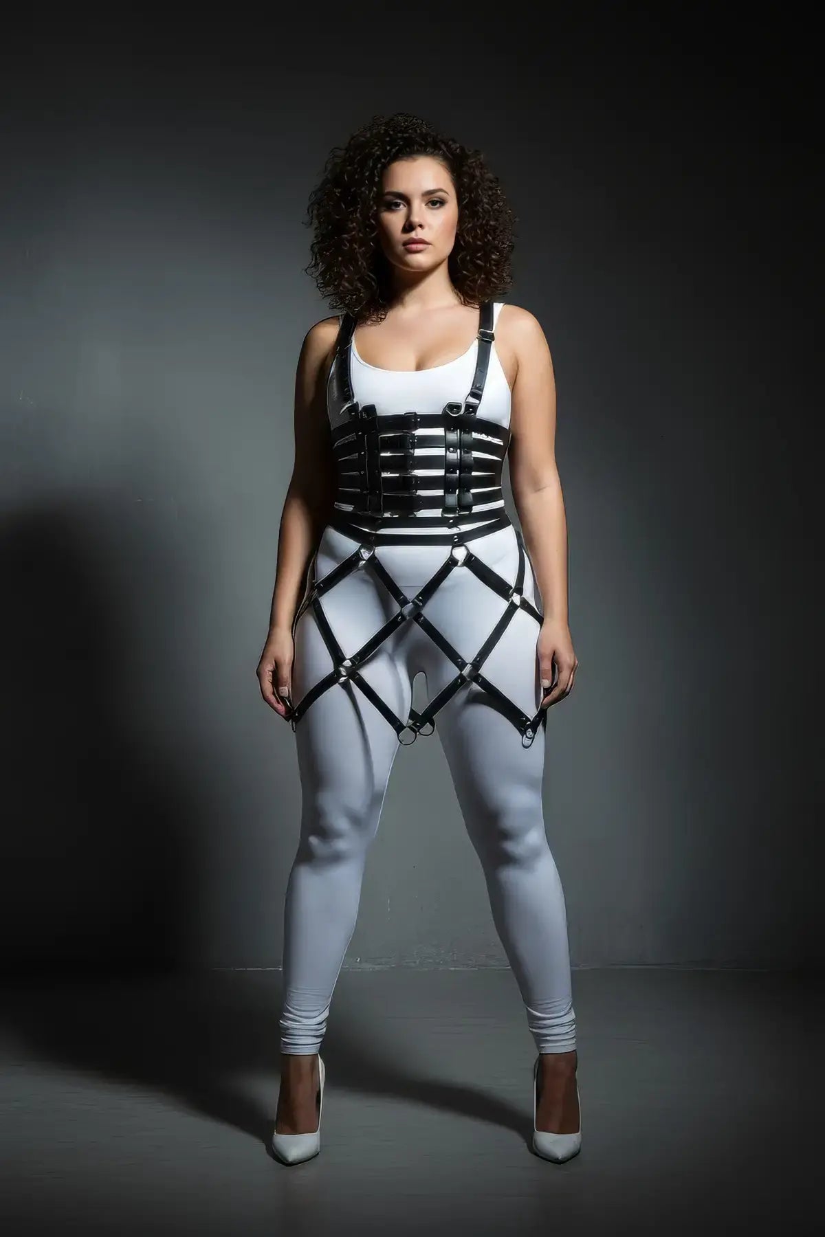 Plus-size black caged ring-detail skirt harness with vegan leather straps worn over a white bodysuit
