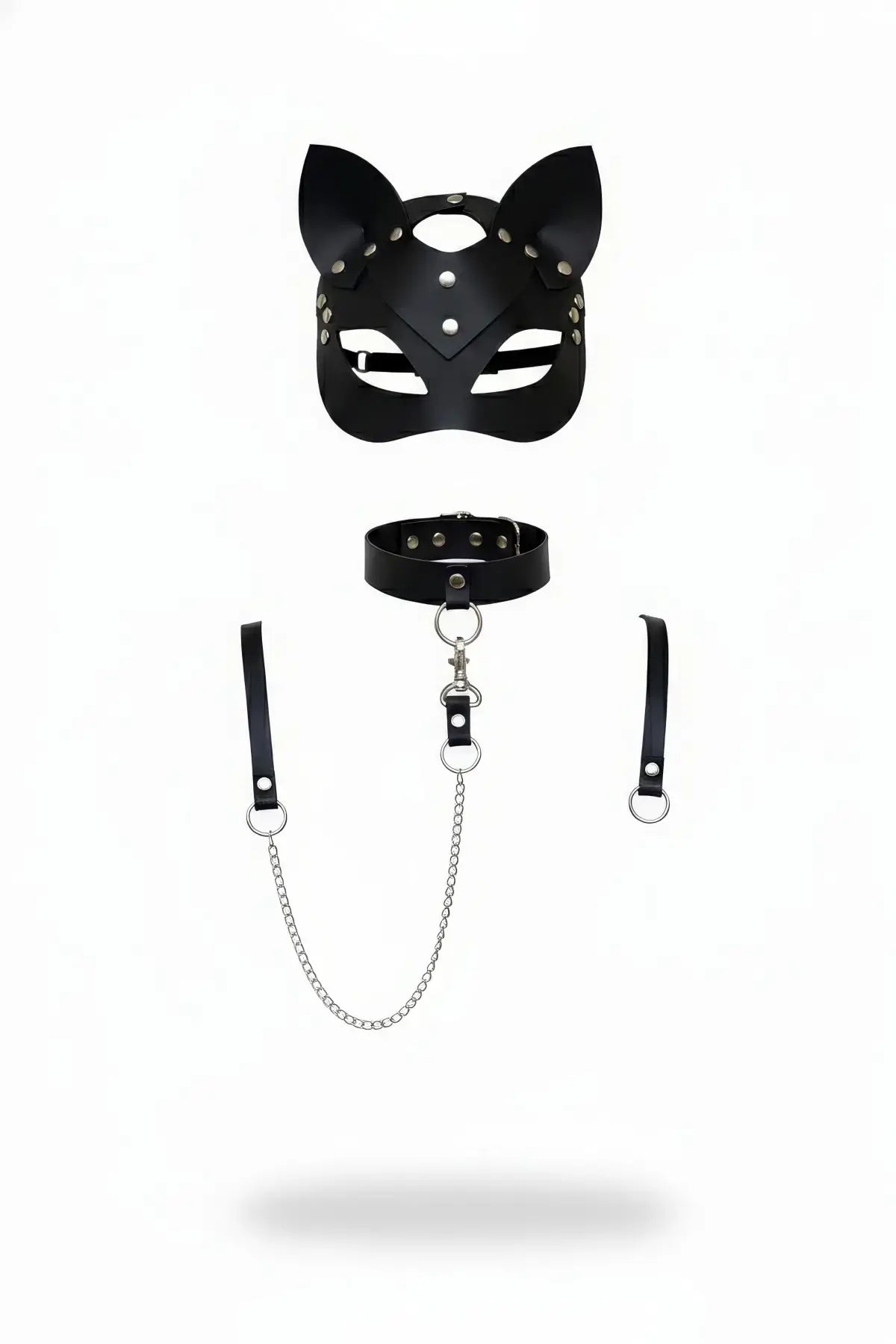Plus-size black cat mask with chain-leash choker and wrist cuffs harness set in vegan leather.