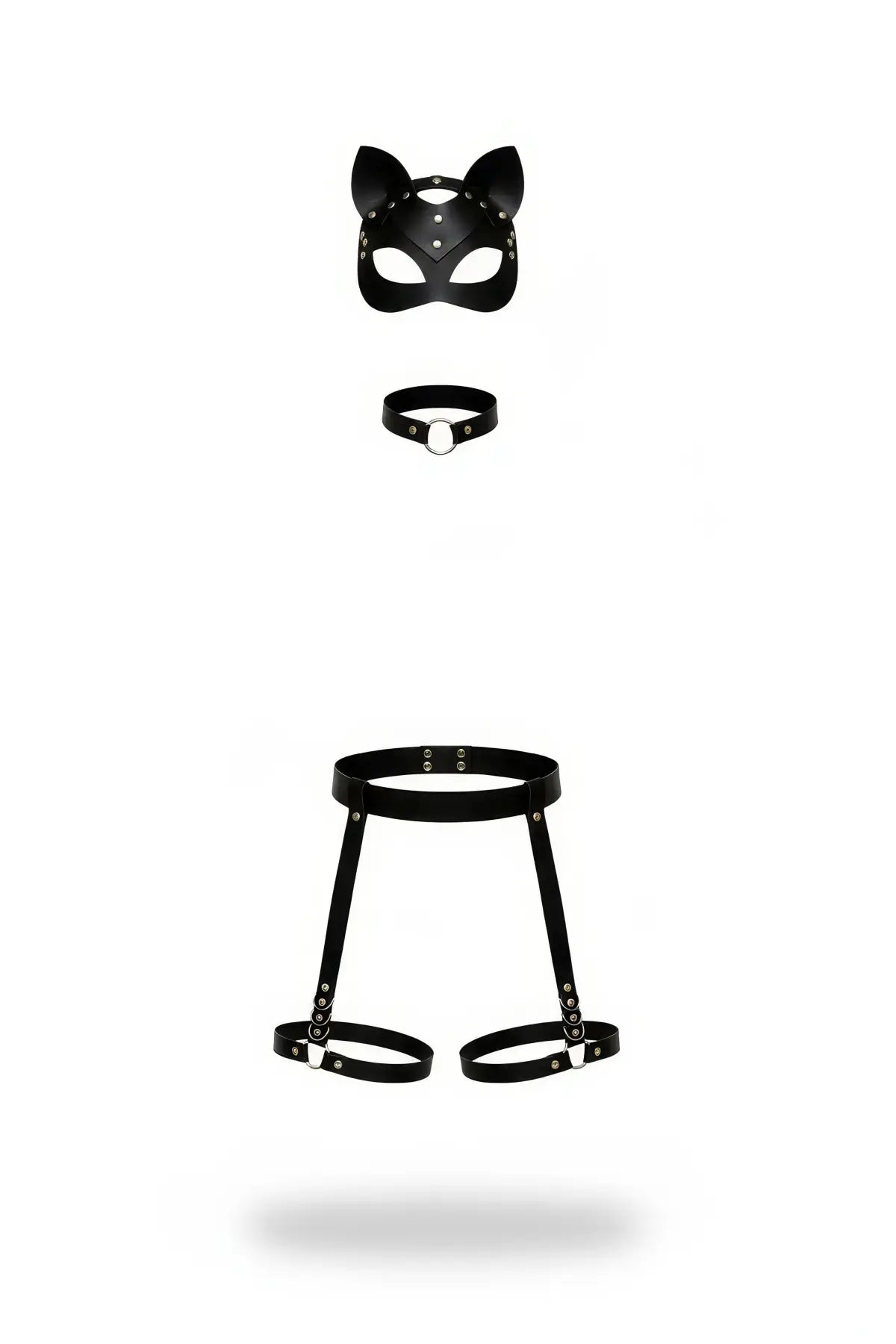 HarnessClub plus-size black vegan-leather cat mask, choker and thigh garter harness — 3-piece set
