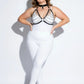 Plus-size black faux-leather chain-and-collar body harness with silver rings worn by model.