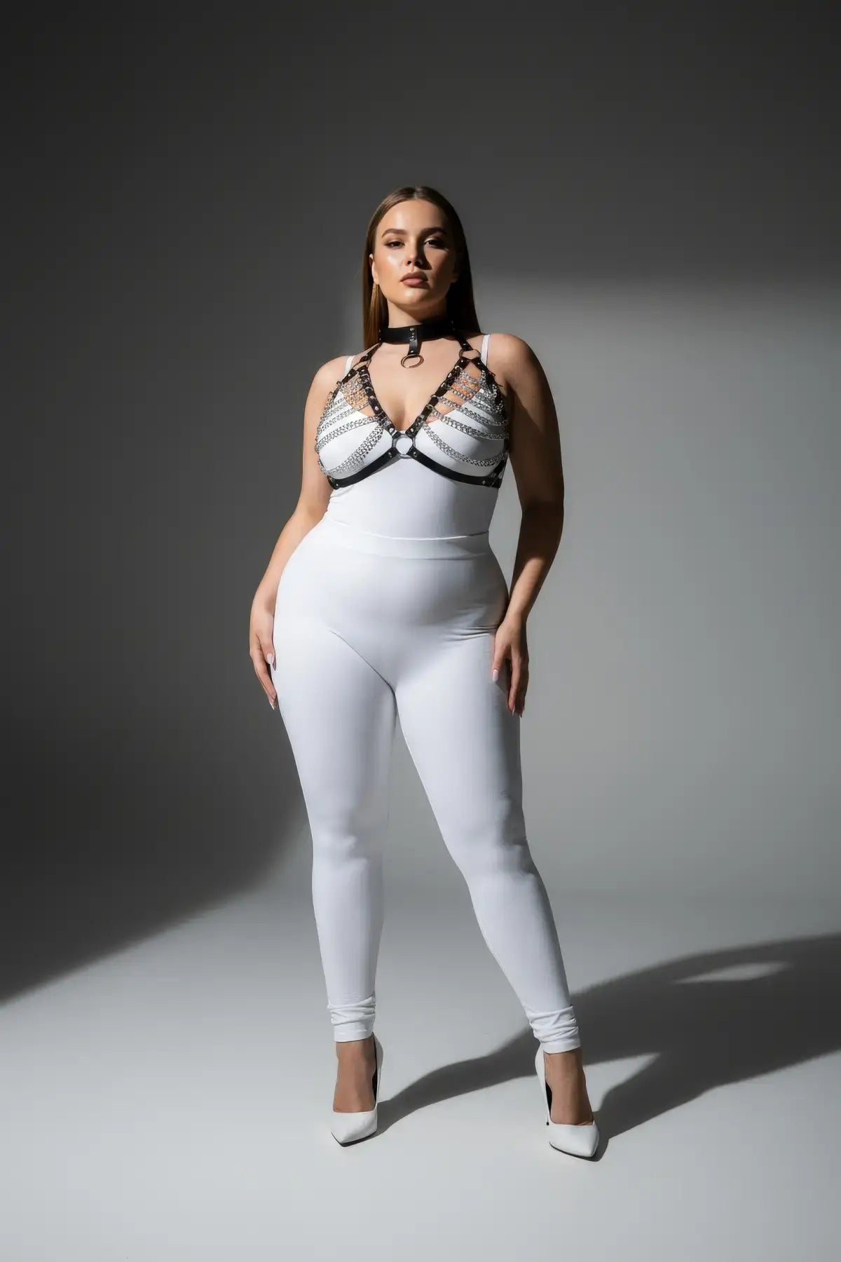 Plus-size black chain-and-collar faux leather body harness by HarnessClub