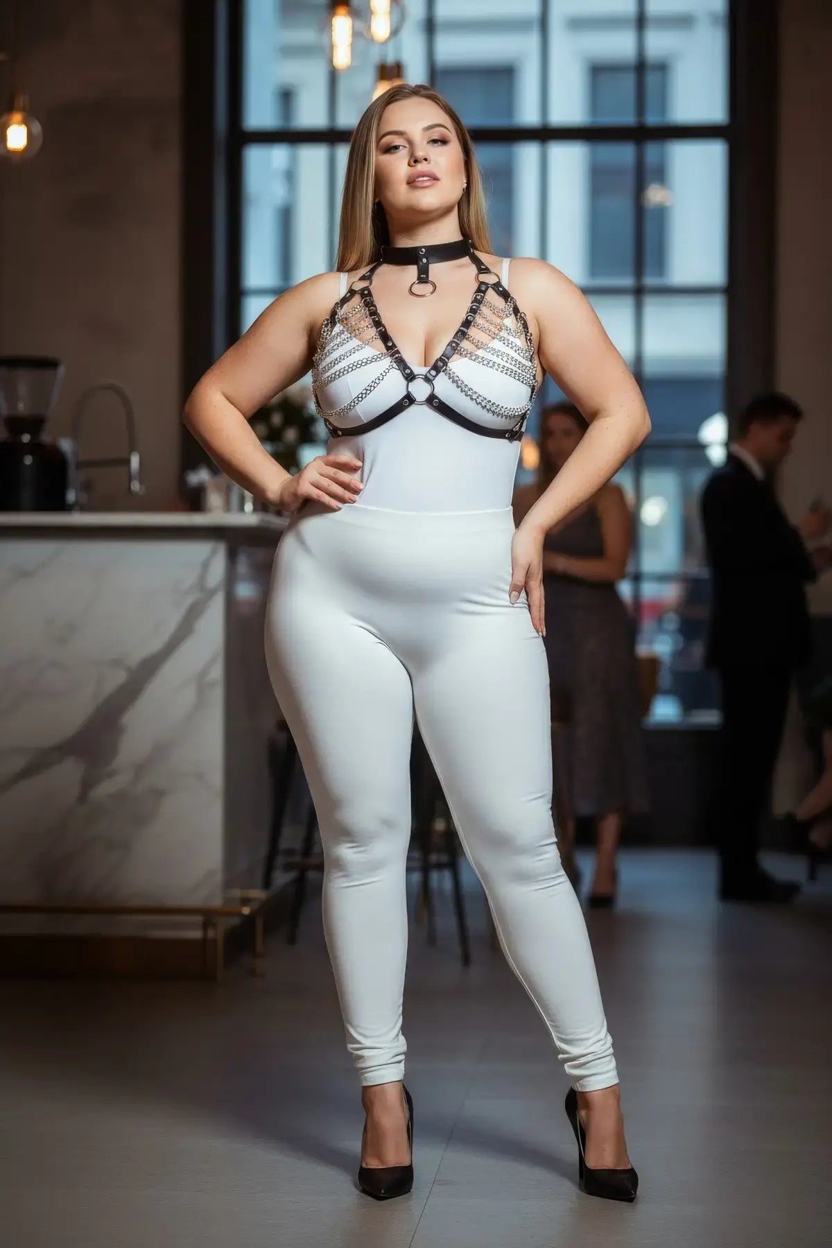 Plus-size black chain and collar faux leather body harness