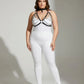 Plus-size black faux-leather body harness with chain and collar worn over a white outfit; HarnessClub