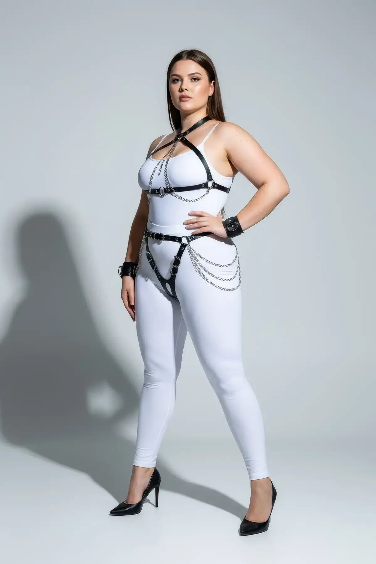 Plus Size Black Chain and Garter Faux Leather Harness Set; full-body harness with silver chains
