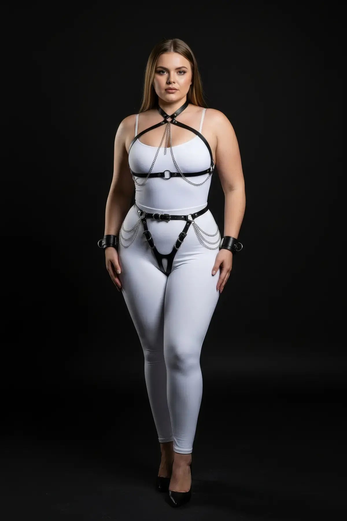 Plus-size black chain and garter faux leather harness set by HarnessClub on white bodysuit; full-body accessory.
