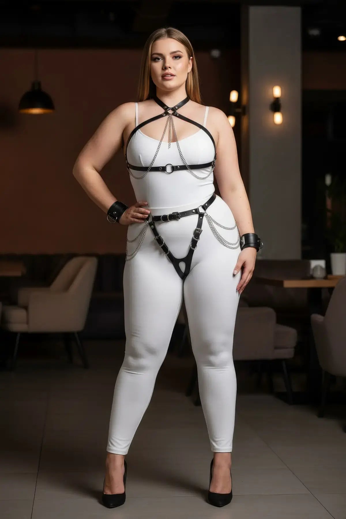 Plus-size black chain and garter faux leather harness set worn over a white bodysuit with silver chains and wrist cuffs.